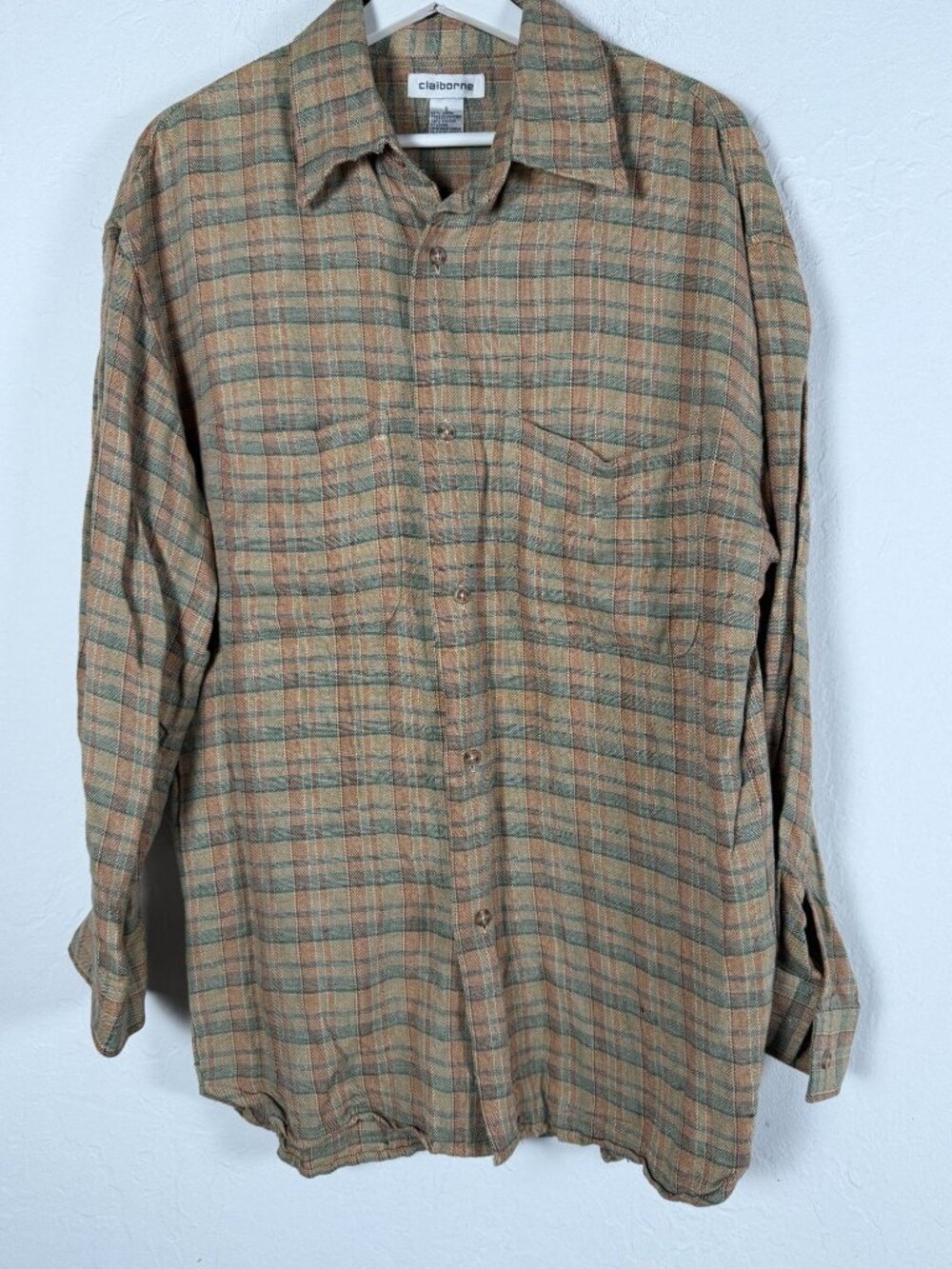 Claiborne Plaid Linen Blend Button Up Shirt Mens Small Two Pocket Long Sleeve